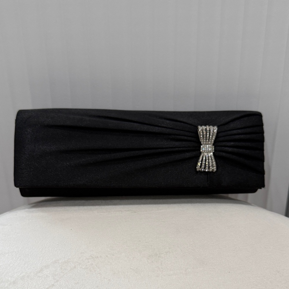 Sleek Black Clutch with Rhinestone Bow Accent